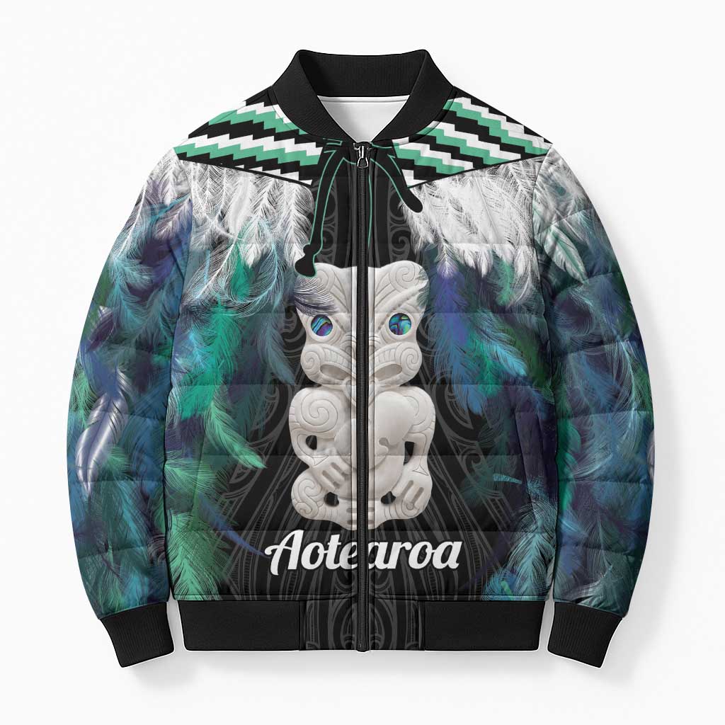 Aotearoa Korowai Motif Bomber Puffer Jacket Hei Tiki Poutama Maori Pattern LT14 Unisex Turquoise - Polynesian Pride