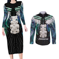 Aotearoa Korowai Motif Couples Matching Long Sleeve Bodycon Dress and Long Sleeve Button Shirt Hei Tiki Poutama Maori Pattern LT14 Turquoise - Polynesian Pride