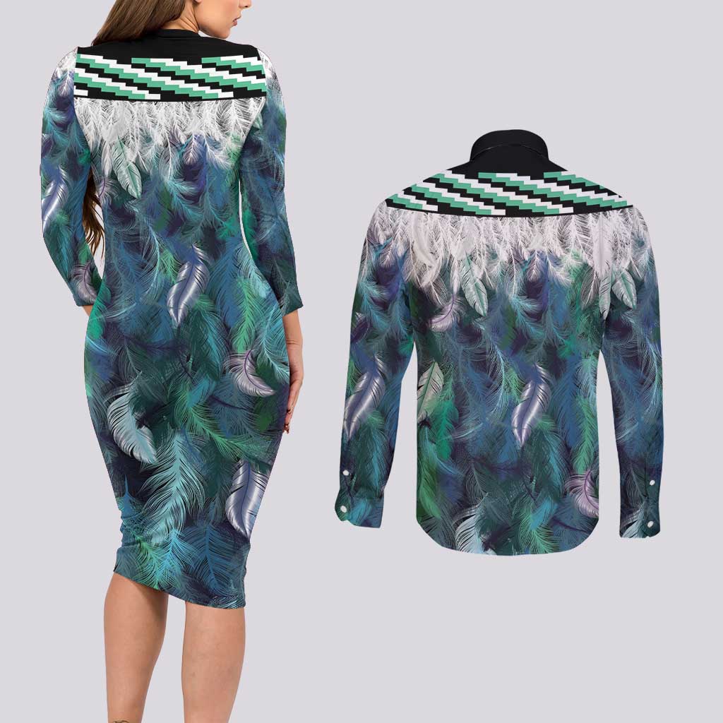 Aotearoa Korowai Motif Couples Matching Long Sleeve Bodycon Dress and Long Sleeve Button Shirt Hei Tiki Poutama Maori Pattern LT14 - Polynesian Pride