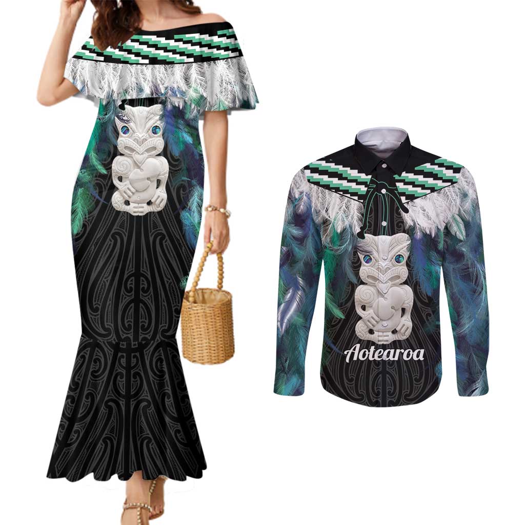Aotearoa Korowai Motif Couples Matching Mermaid Dress and Long Sleeve Button Shirt Hei Tiki Poutama Maori Pattern LT14 Turquoise - Polynesian Pride