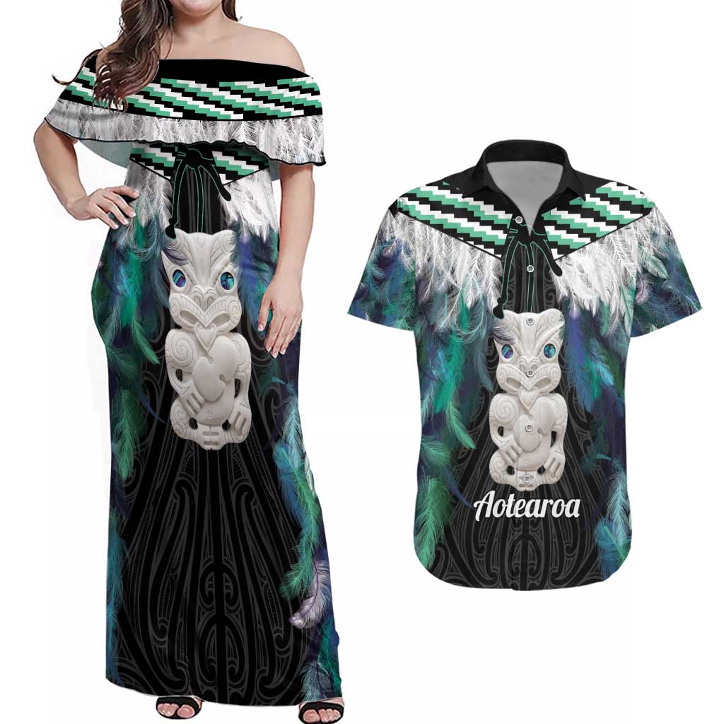 Aotearoa Korowai Motif Couples Matching Off Shoulder Maxi Dress and Hawaiian Shirt Hei Tiki Poutama Maori Pattern LT14 Turquoise - Polynesian Pride