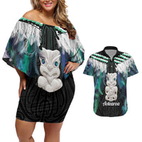 Aotearoa Korowai Motif Couples Matching Off Shoulder Short Dress and Hawaiian Shirt Hei Tiki Poutama Maori Pattern LT14 Turquoise - Polynesian Pride
