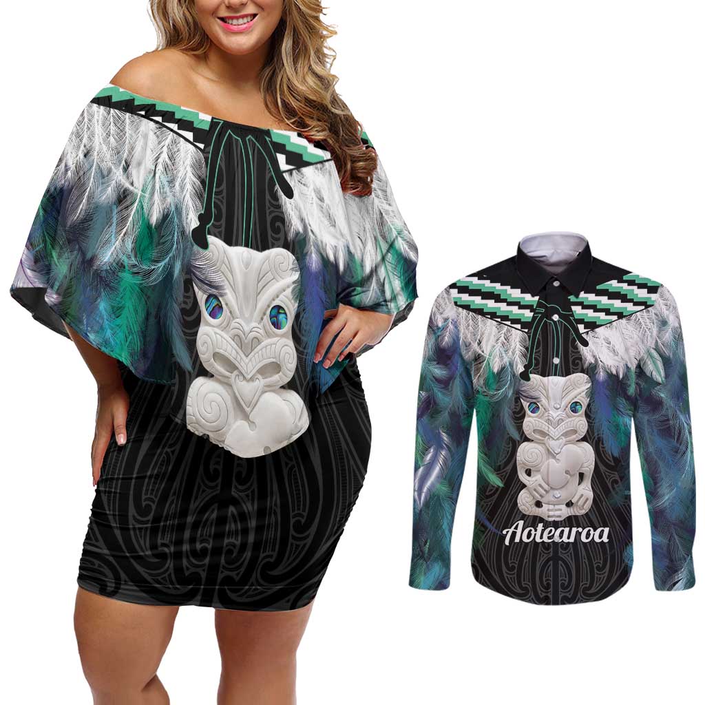 Aotearoa Korowai Motif Couples Matching Off Shoulder Short Dress and Long Sleeve Button Shirt Hei Tiki Poutama Maori Pattern LT14 Turquoise - Polynesian Pride