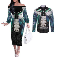 Aotearoa Korowai Motif Couples Matching Off The Shoulder Long Sleeve Dress and Long Sleeve Button Shirt Hei Tiki Poutama Maori Pattern LT14 Turquoise - Polynesian Pride