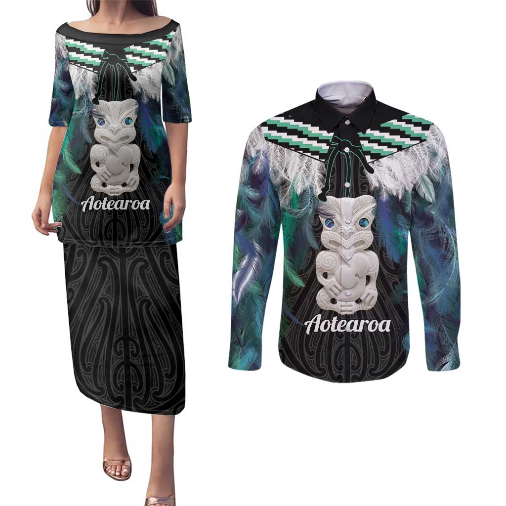 Aotearoa Korowai Motif Couples Matching Puletasi and Long Sleeve Button Shirt Hei Tiki Poutama Maori Pattern LT14 Turquoise - Polynesian Pride