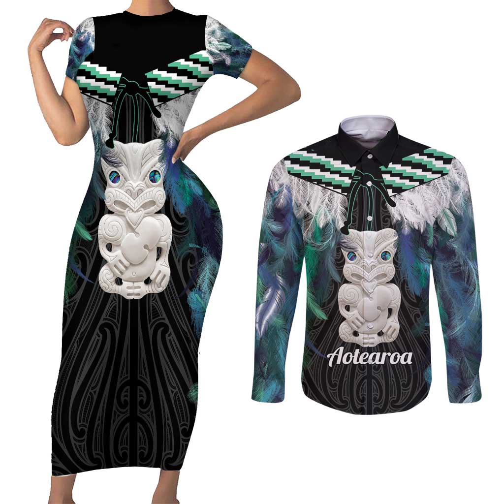 Aotearoa Korowai Motif Couples Matching Short Sleeve Bodycon Dress and Long Sleeve Button Shirt Hei Tiki Poutama Maori Pattern LT14 Turquoise - Polynesian Pride