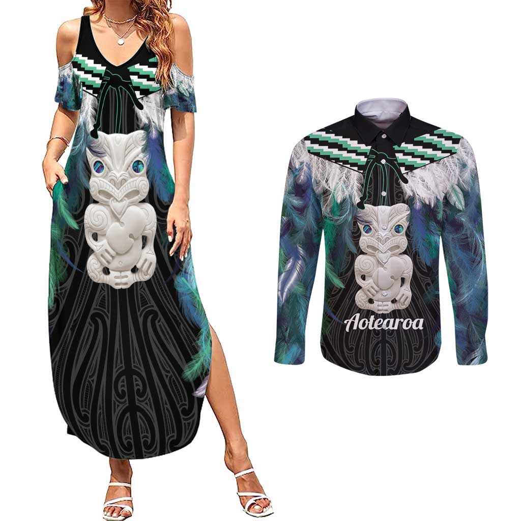 Aotearoa Korowai Motif Couples Matching Summer Maxi Dress and Long Sleeve Button Shirt Hei Tiki Poutama Maori Pattern LT14 Turquoise - Polynesian Pride