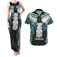 Aotearoa Korowai Motif Couples Matching Tank Maxi Dress and Hawaiian Shirt Hei Tiki Poutama Maori Pattern LT14 Turquoise - Polynesian Pride