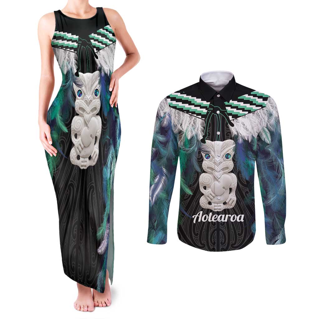 Aotearoa Korowai Motif Couples Matching Tank Maxi Dress and Long Sleeve Button Shirt Hei Tiki Poutama Maori Pattern LT14 Turquoise - Polynesian Pride