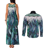 Aotearoa Korowai Motif Couples Matching Tank Maxi Dress and Long Sleeve Button Shirt Hei Tiki Poutama Maori Pattern LT14 - Polynesian Pride