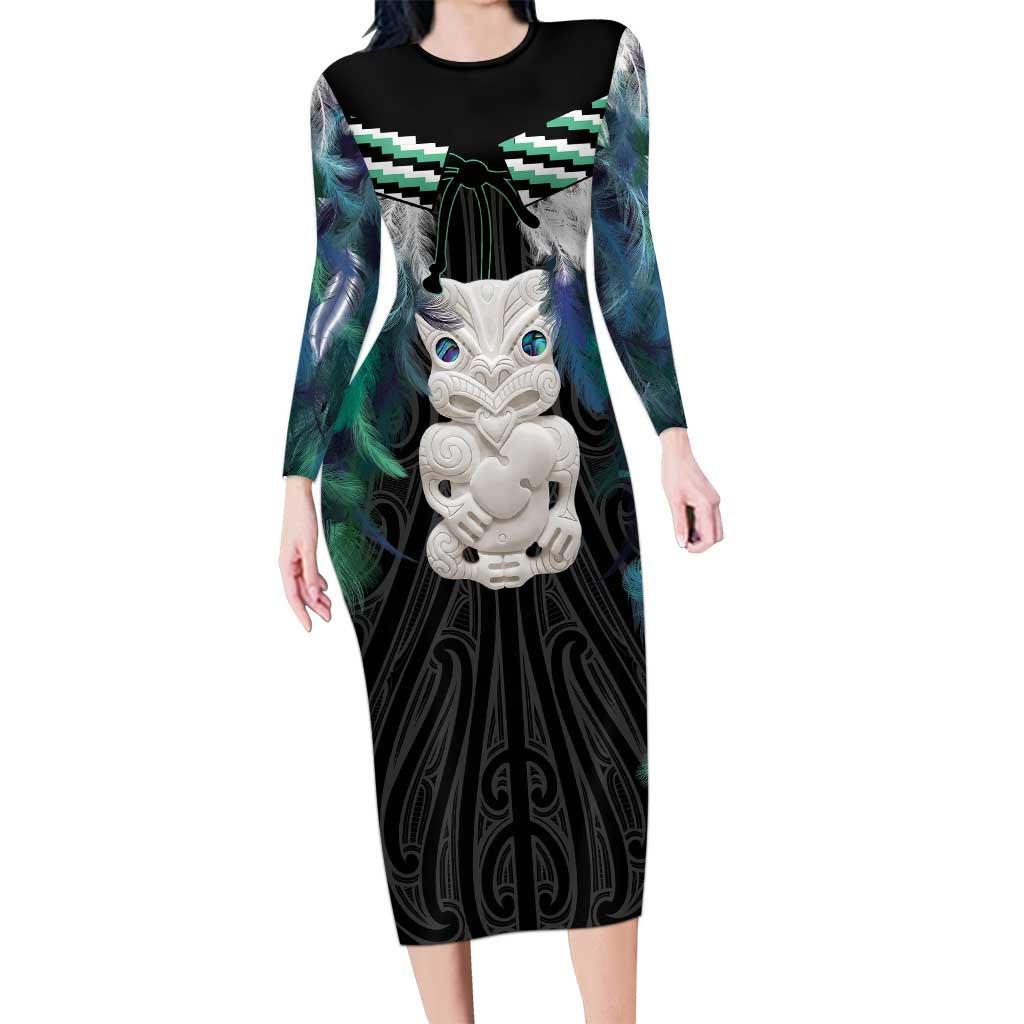 Aotearoa Korowai Motif Family Matching Long Sleeve Bodycon Dress and Hawaiian Shirt Hei Tiki Poutama Maori Pattern LT14 Mom's Dress Turquoise - Polynesian Pride