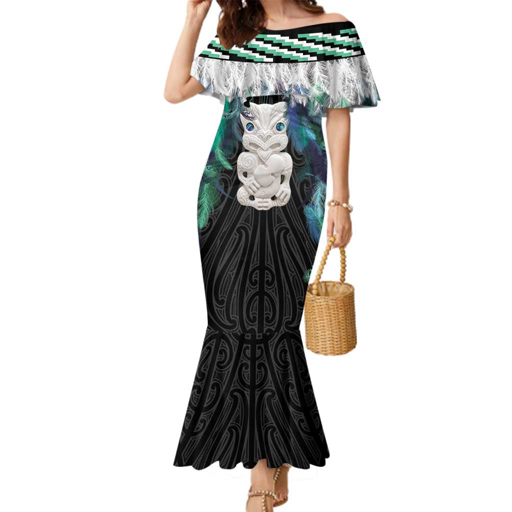 Aotearoa Korowai Motif Family Matching Mermaid Dress and Hawaiian Shirt Hei Tiki Poutama Maori Pattern LT14 Mom's Dress Turquoise - Polynesian Pride