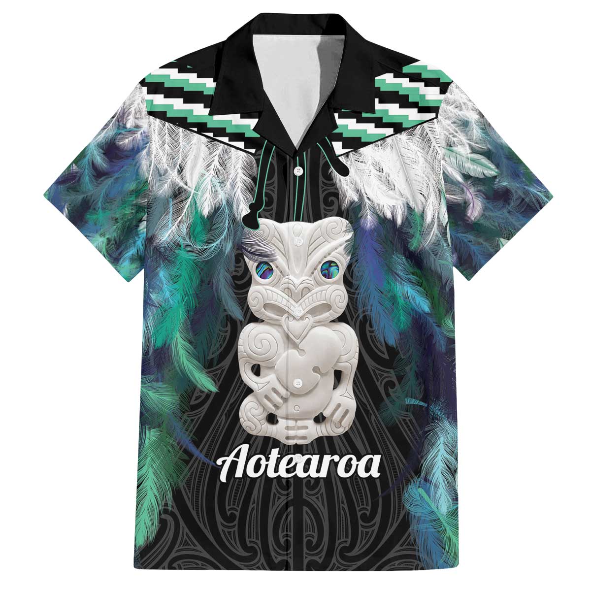 Aotearoa Korowai Motif Family Matching Off The Shoulder Long Sleeve Dress and Hawaiian Shirt Hei Tiki Poutama Maori Pattern LT14 Dad's Shirt - Short Sleeve Turquoise - Polynesian Pride