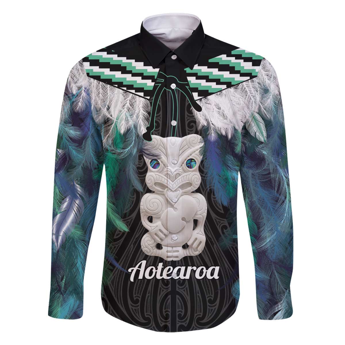 Aotearoa Korowai Motif Family Matching Off The Shoulder Long Sleeve Dress and Hawaiian Shirt Hei Tiki Poutama Maori Pattern LT14 Dad's Shirt - Long Sleeve Turquoise - Polynesian Pride