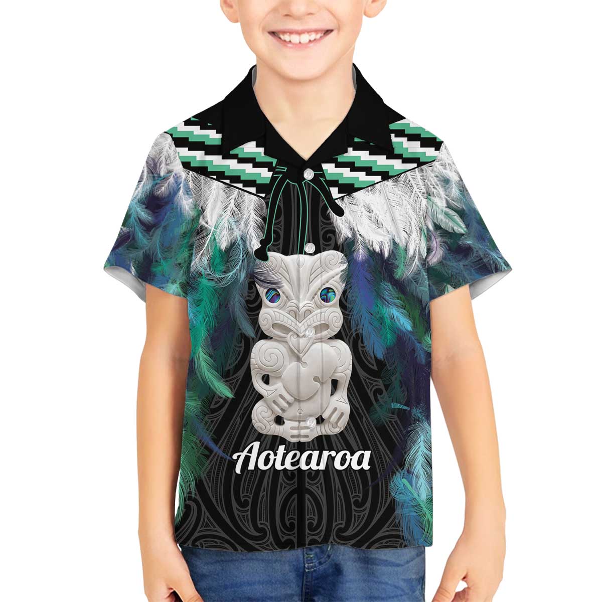 Aotearoa Korowai Motif Family Matching Off The Shoulder Long Sleeve Dress and Hawaiian Shirt Hei Tiki Poutama Maori Pattern LT14 Son's Shirt Turquoise - Polynesian Pride