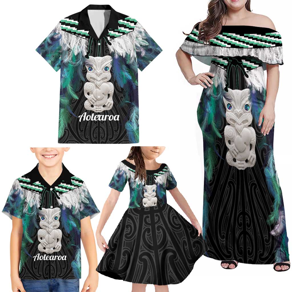 Aotearoa Korowai Motif Family Matching Off Shoulder Maxi Dress and Hawaiian Shirt Hei Tiki Poutama Maori Pattern LT14 - Polynesian Pride