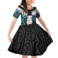 Aotearoa Korowai Motif Family Matching Off Shoulder Short Dress and Hawaiian Shirt Hei Tiki Poutama Maori Pattern LT14 Daughter's Dress Turquoise - Polynesian Pride
