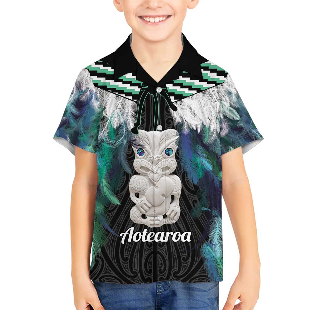 Aotearoa Korowai Motif Family Matching Summer Maxi Dress and Hawaiian Shirt Hei Tiki Poutama Maori Pattern LT14 Son's Shirt Turquoise - Polynesian Pride