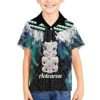 Aotearoa Korowai Motif Family Matching Summer Maxi Dress and Hawaiian Shirt Hei Tiki Poutama Maori Pattern LT14 Son's Shirt Turquoise - Polynesian Pride