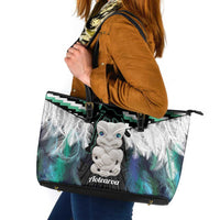 Aotearoa Korowai Motif Leather Tote Bag Hei Tiki Poutama Maori Pattern LT14 Turquoise - Polynesian Pride
