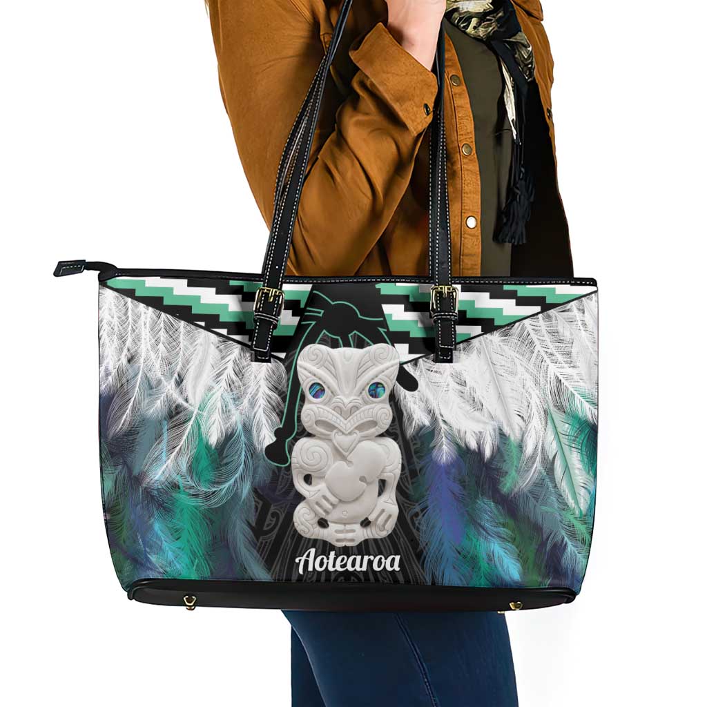 Aotearoa Korowai Motif Leather Tote Bag Hei Tiki Poutama Maori Pattern LT14 - Polynesian Pride