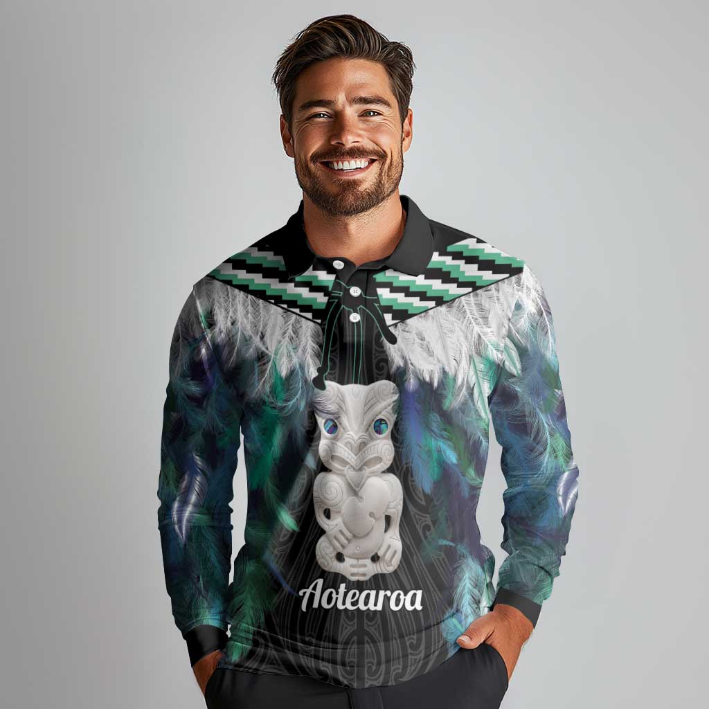 Aotearoa Korowai Motif Long Sleeve Polo Shirt Hei Tiki Poutama Maori Pattern