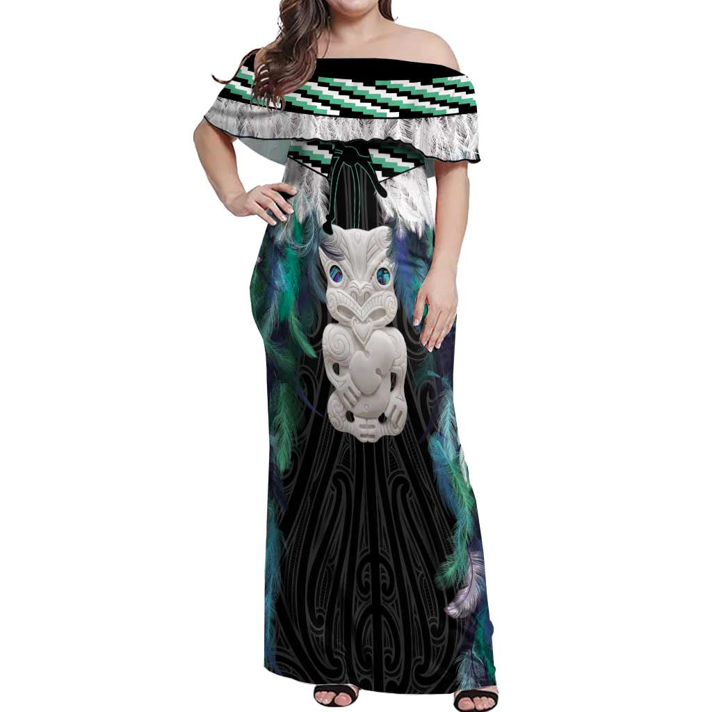 Aotearoa Korowai Motif Off Shoulder Maxi Dress Hei Tiki Poutama Maori Pattern LT14 Women Turquoise - Polynesian Pride