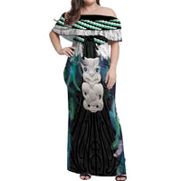 Aotearoa Korowai Motif Off Shoulder Maxi Dress Hei Tiki Poutama Maori Pattern LT14 Women Turquoise - Polynesian Pride