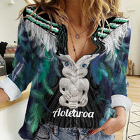 Aotearoa Korowai Motif Women Casual Shirt Hei Tiki Poutama Maori Pattern LT14 Female Turquoise - Polynesian Pride