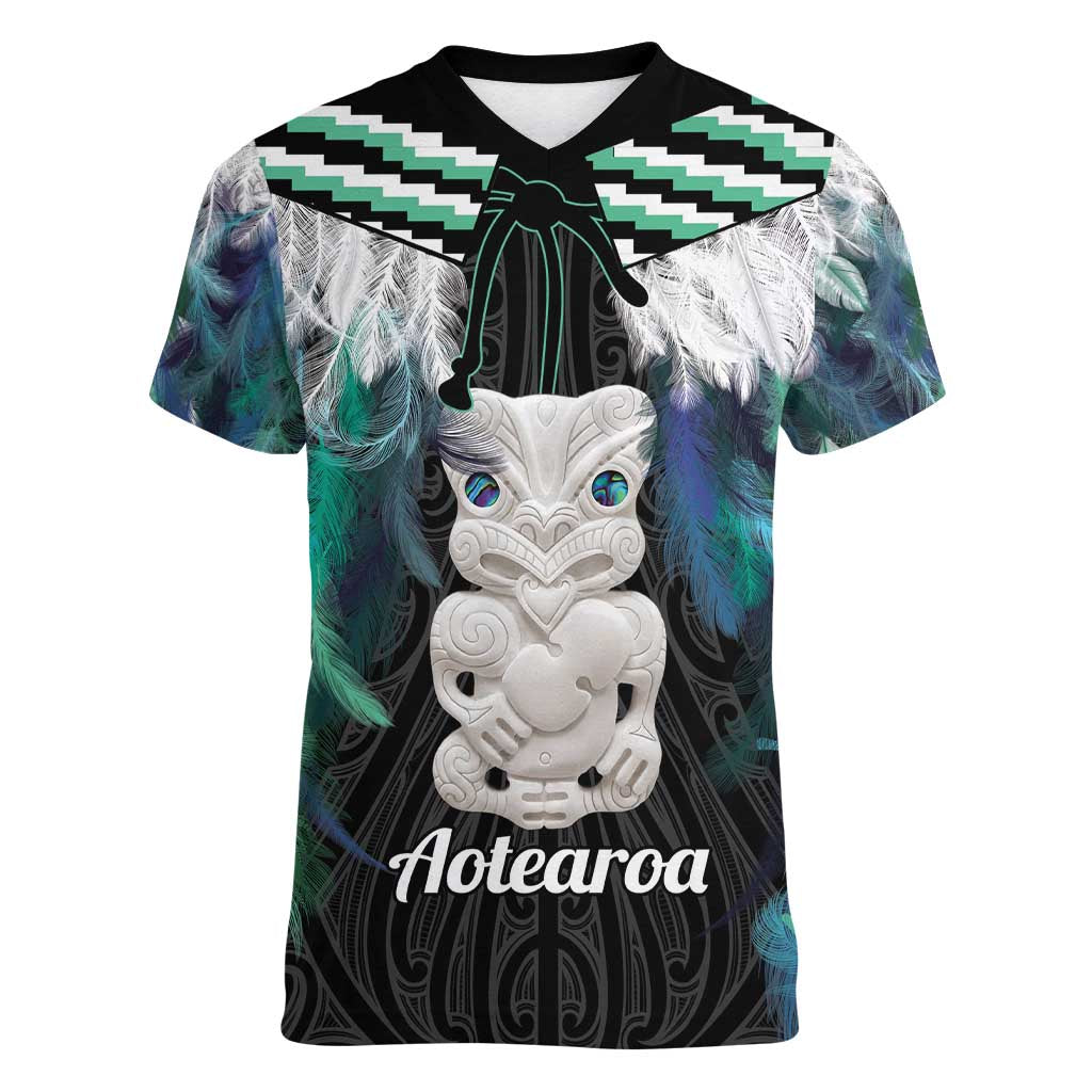 Aotearoa Korowai Motif Women V-Neck T-Shirt Hei Tiki Poutama Maori Pattern LT14 Female Turquoise - Polynesian Pride