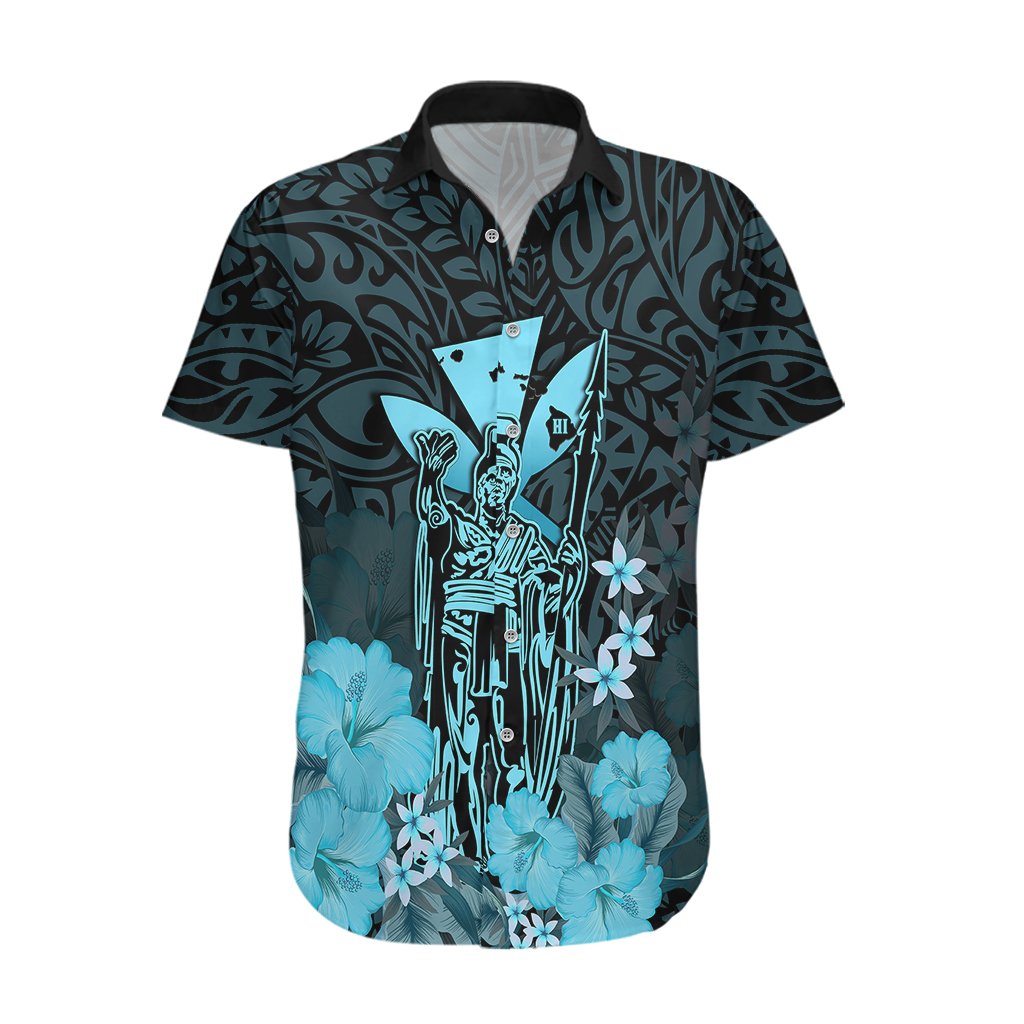 Personalised King Kamehameha Day Hawaii Hawaiian Shirt Polynesia Tribal Kanaka And Hibiscus Turquoise LT14 Turquoise - Polynesian Pride
