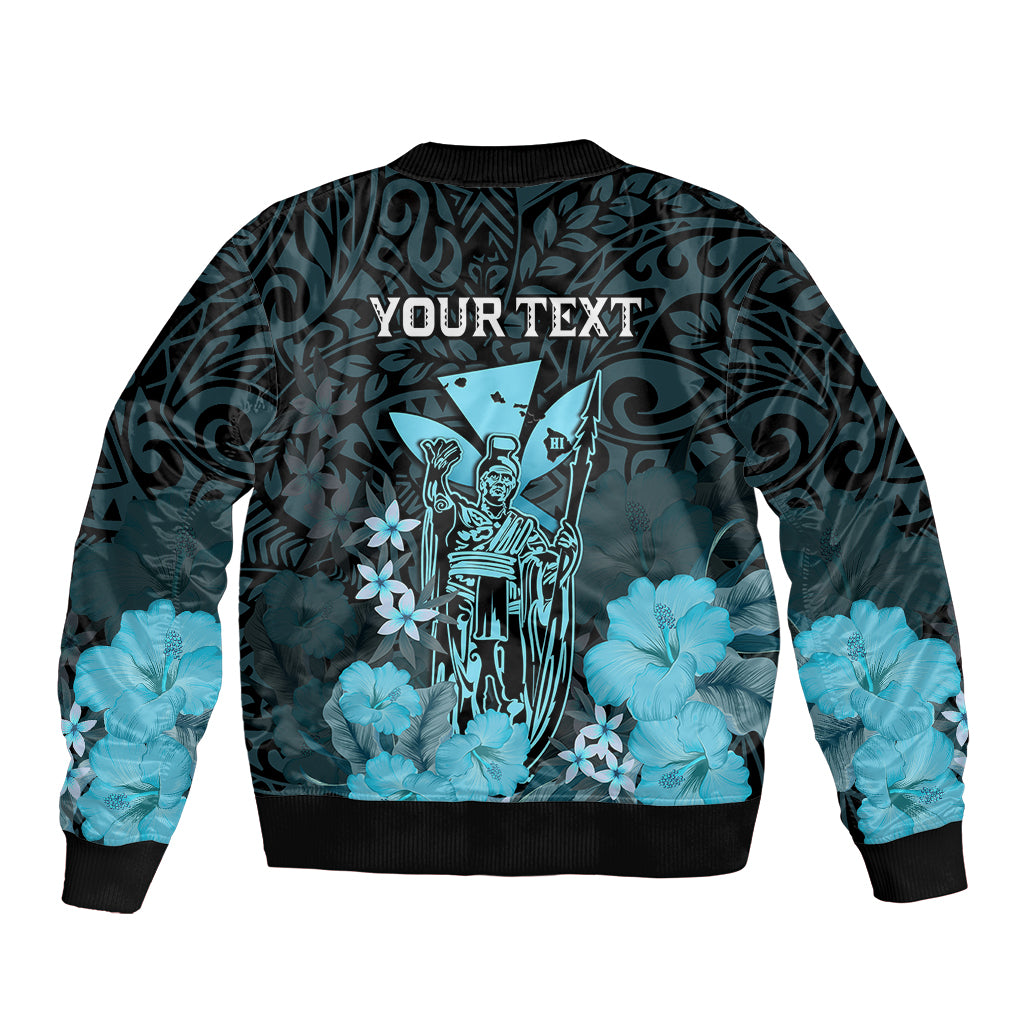 Personalised King Kamehameha Day Hawaii Sleeve Zip Bomber Jacket Polynesia Tribal Kanaka And Hibiscus Turquoise LT14 - Polynesian Pride