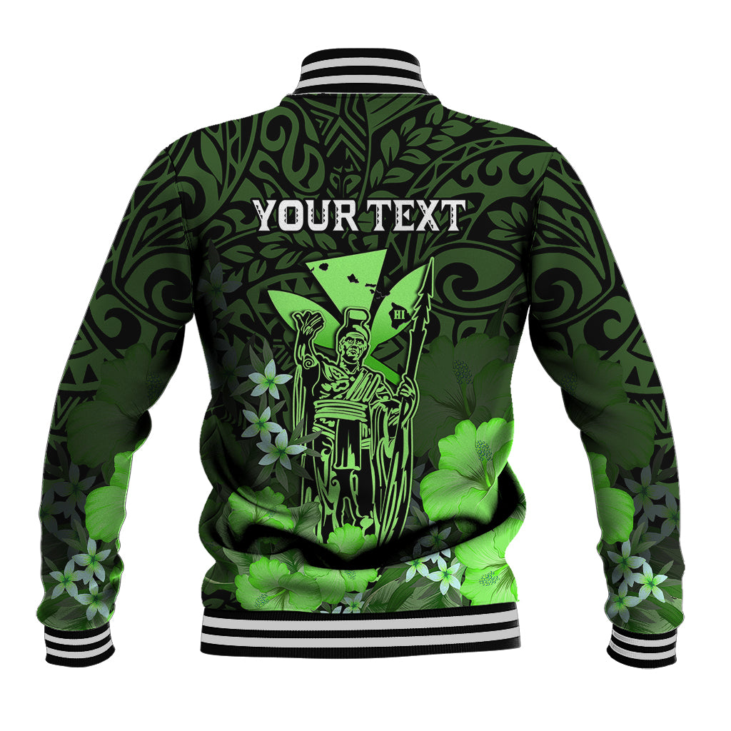 Personalised King Kamehameha Day Hawaii Baseball Jacket Polynesia Tribal Kanaka And Hibiscus Green LT14 - Polynesian Pride
