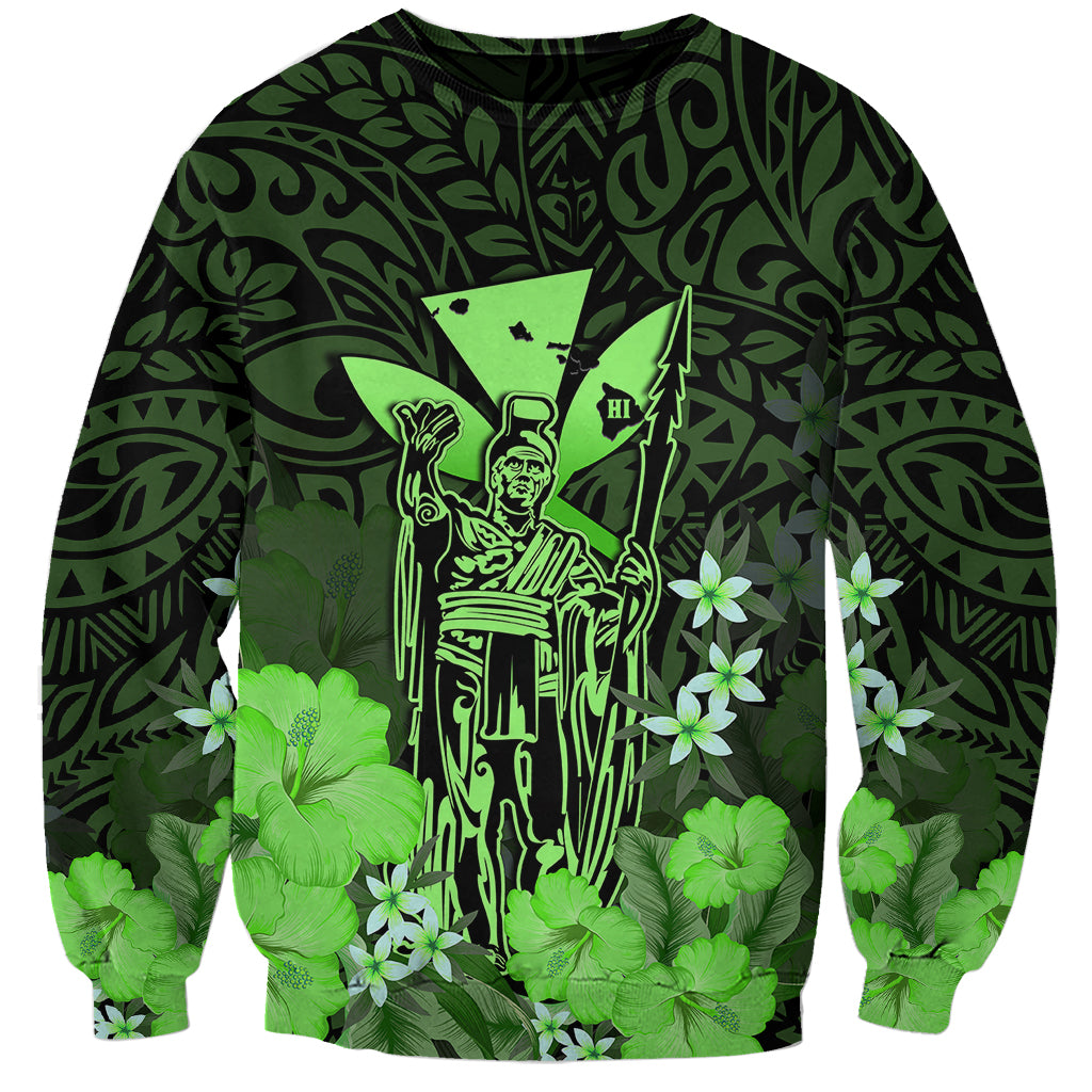 Personalised King Kamehameha Day Hawaii Sweatshirt Polynesia Tribal Kanaka And Hibiscus Green LT14 Unisex Green - Polynesian Pride