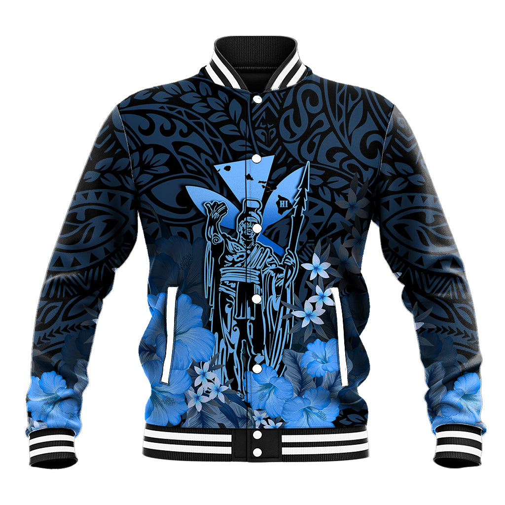 Personalised King Kamehameha Day Hawaii Baseball Jacket Polynesia Tribal Kanaka And Hibiscus Blue LT14 Unisex Blue - Polynesian Pride