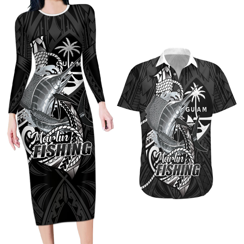 Guam Blue Marlin Fishing Couples Matching Long Sleeve Bodycon Dress and Hawaiian Shirt Guahan Fish Hook Tattoo Black Version LT14 Black - Polynesian Pride