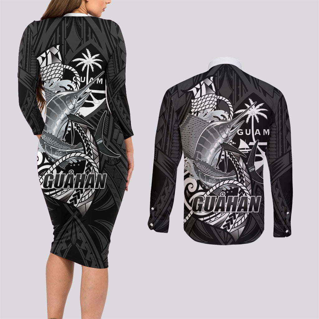 Guam Blue Marlin Fishing Couples Matching Long Sleeve Bodycon Dress and Long Sleeve Button Shirt Guahan Fish Hook Tattoo Black Version LT14 - Polynesian Pride