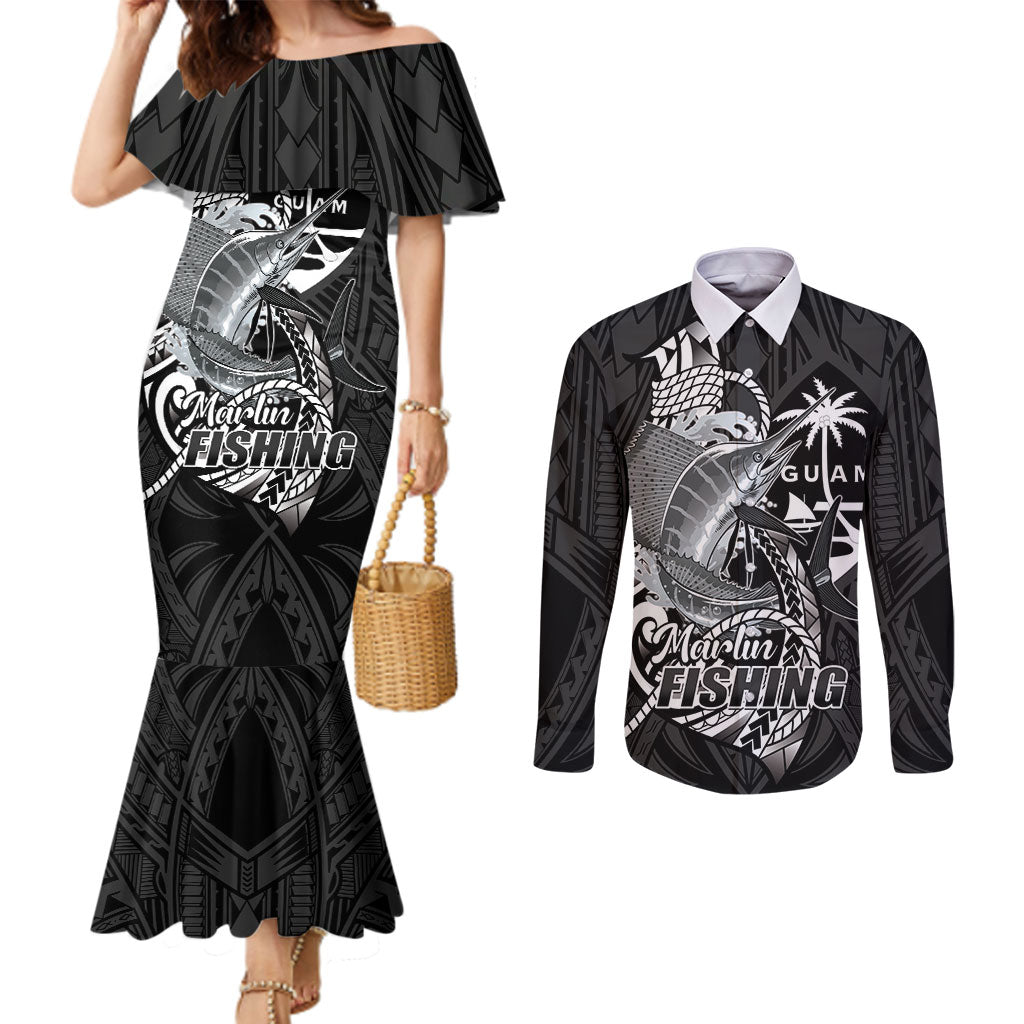 Guam Blue Marlin Fishing Couples Matching Mermaid Dress and Long Sleeve Button Shirt Guahan Fish Hook Tattoo Black Version