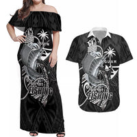 Guam Blue Marlin Fishing Couples Matching Off Shoulder Maxi Dress and Hawaiian Shirt Guahan Fish Hook Tattoo Black Version LT14 Black - Polynesian Pride
