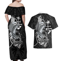 Guam Blue Marlin Fishing Couples Matching Off Shoulder Maxi Dress and Hawaiian Shirt Guahan Fish Hook Tattoo Black Version LT14 - Polynesian Pride