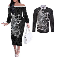 Guam Blue Marlin Fishing Couples Matching Off The Shoulder Long Sleeve Dress and Long Sleeve Button Shirt Guahan Fish Hook Tattoo Black Version LT14 Black - Polynesian Pride