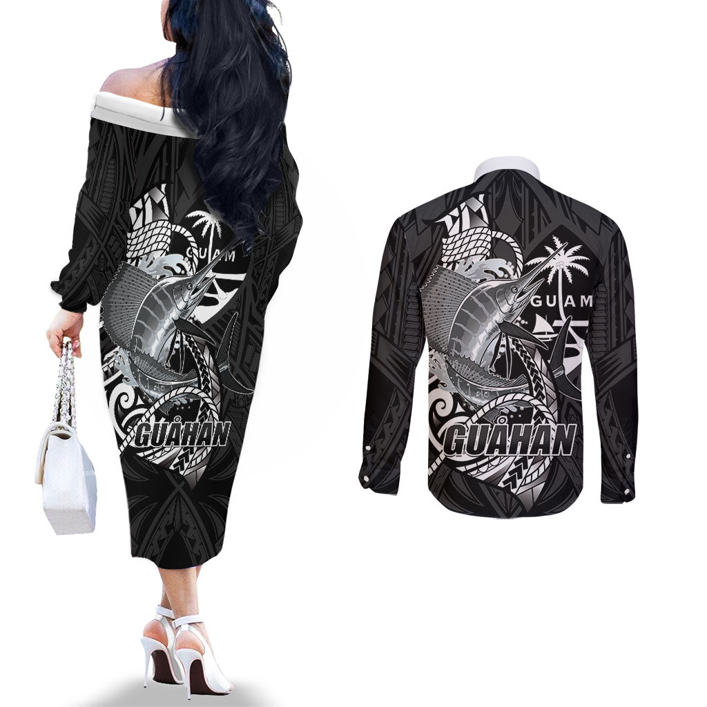 Guam Blue Marlin Fishing Couples Matching Off The Shoulder Long Sleeve Dress and Long Sleeve Button Shirt Guahan Fish Hook Tattoo Black Version LT14 - Polynesian Pride