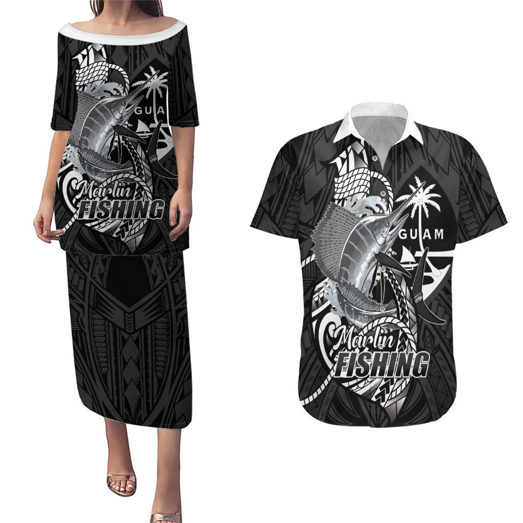Guam Blue Marlin Fishing Couples Matching Puletasi and Hawaiian Shirt Guahan Fish Hook Tattoo Black Version LT14 Black - Polynesian Pride