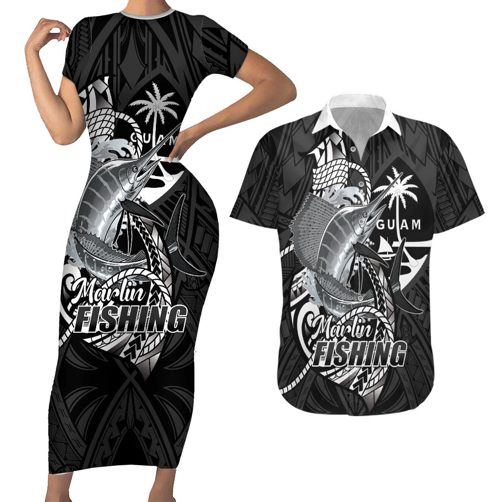Guam Blue Marlin Fishing Couples Matching Short Sleeve Bodycon Dress and Hawaiian Shirt Guahan Fish Hook Tattoo Black Version LT14 Black - Polynesian Pride