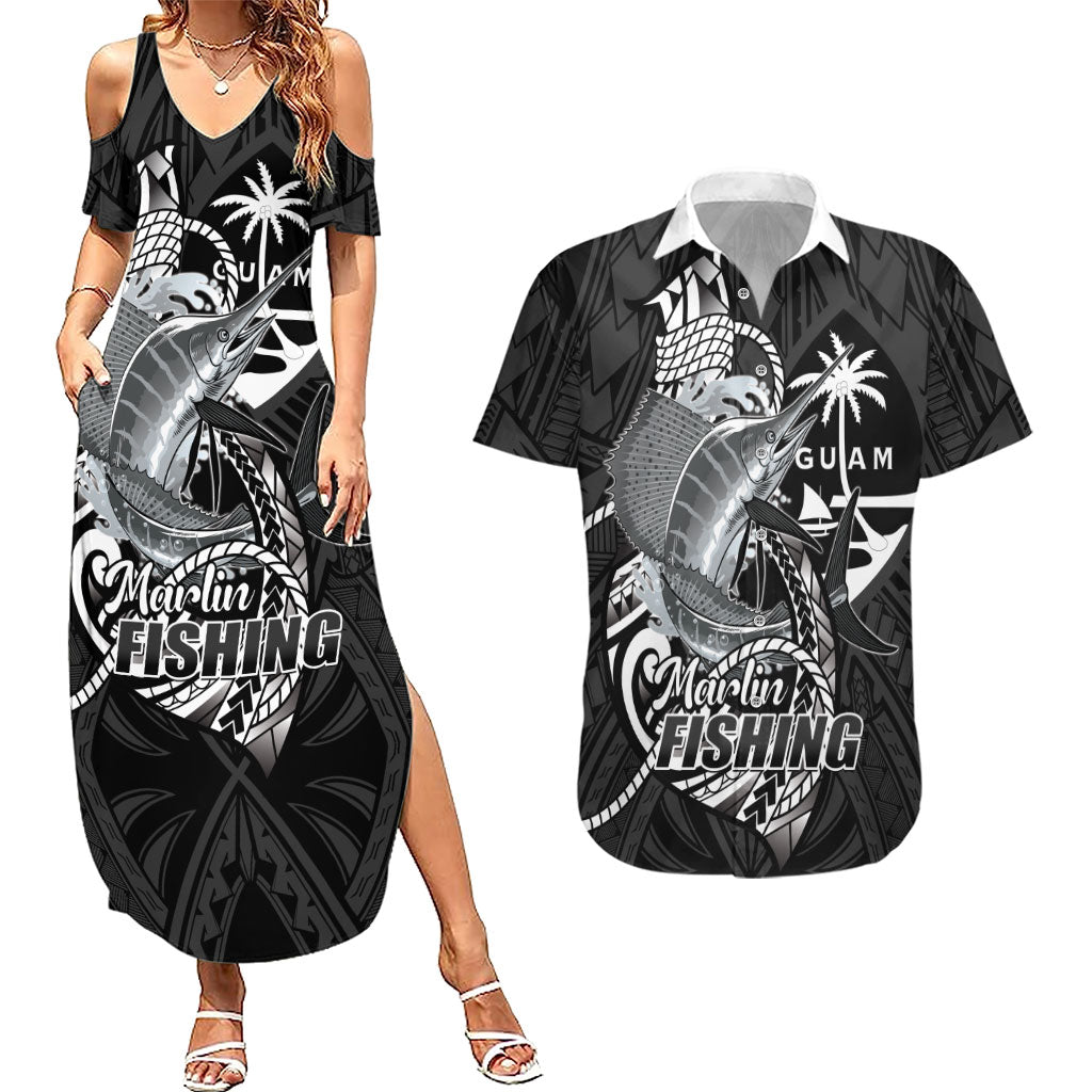 Guam Blue Marlin Fishing Couples Matching Summer Maxi Dress and Hawaiian Shirt Guahan Fish Hook Tattoo Black Version
