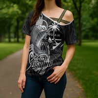 Guam Blue Marlin Fishing Cross Shoulder Shirt Guahan Fish Hook Tattoo Black Version