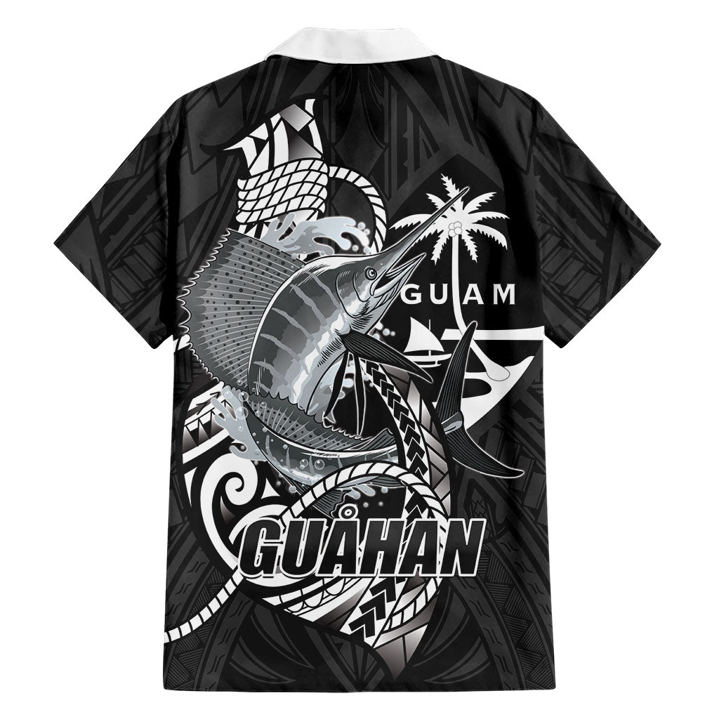 Guam Blue Marlin Fishing Family Matching Long Sleeve Bodycon Dress and Hawaiian Shirt Guahan Fish Hook Tattoo Black Version LT14 - Polynesian Pride