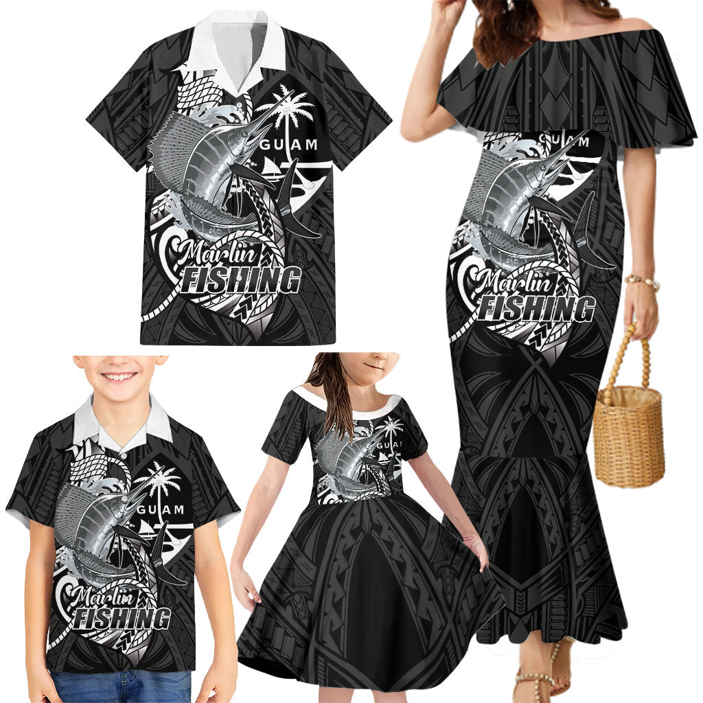 Guam Blue Marlin Fishing Family Matching Mermaid Dress and Hawaiian Shirt Guahan Fish Hook Tattoo Black Version