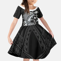 Guam Blue Marlin Fishing Family Matching Off The Shoulder Long Sleeve Dress and Hawaiian Shirt Guahan Fish Hook Tattoo Black Version LT14 Daughter's Dress Black - Polynesian Pride