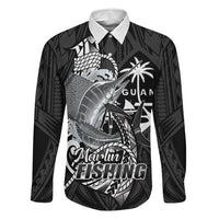 Guam Blue Marlin Fishing Family Matching Off The Shoulder Long Sleeve Dress and Hawaiian Shirt Guahan Fish Hook Tattoo Black Version LT14 Dad's Shirt - Long Sleeve Black - Polynesian Pride